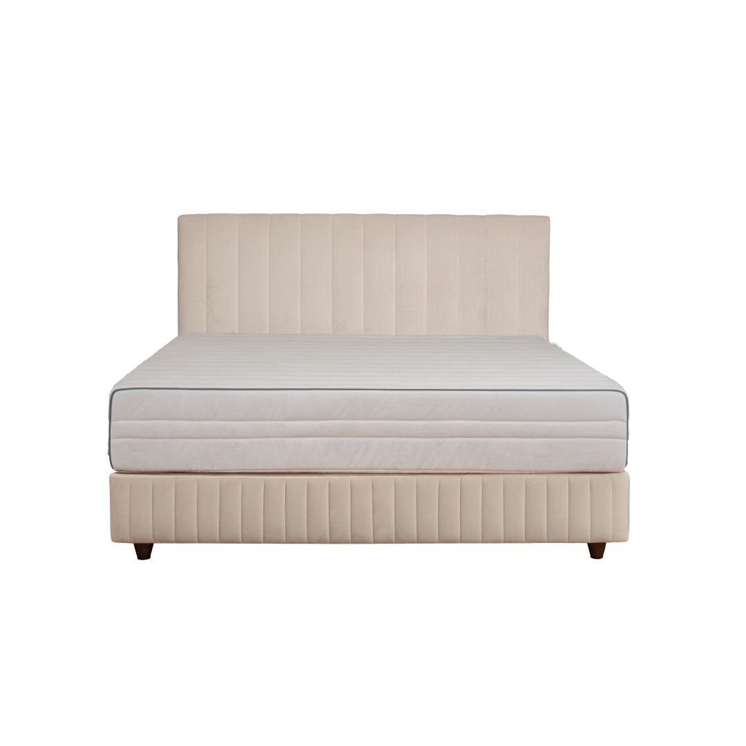 Beige upholstered bed with striped pattern on a white background