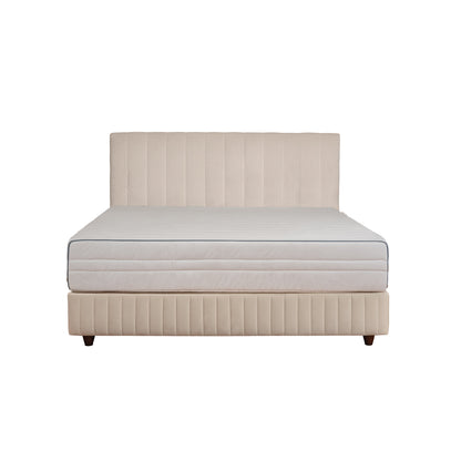 Beige upholstered bed with striped pattern on a white background