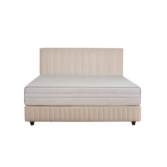 Beige upholstered bed with striped pattern on a white background